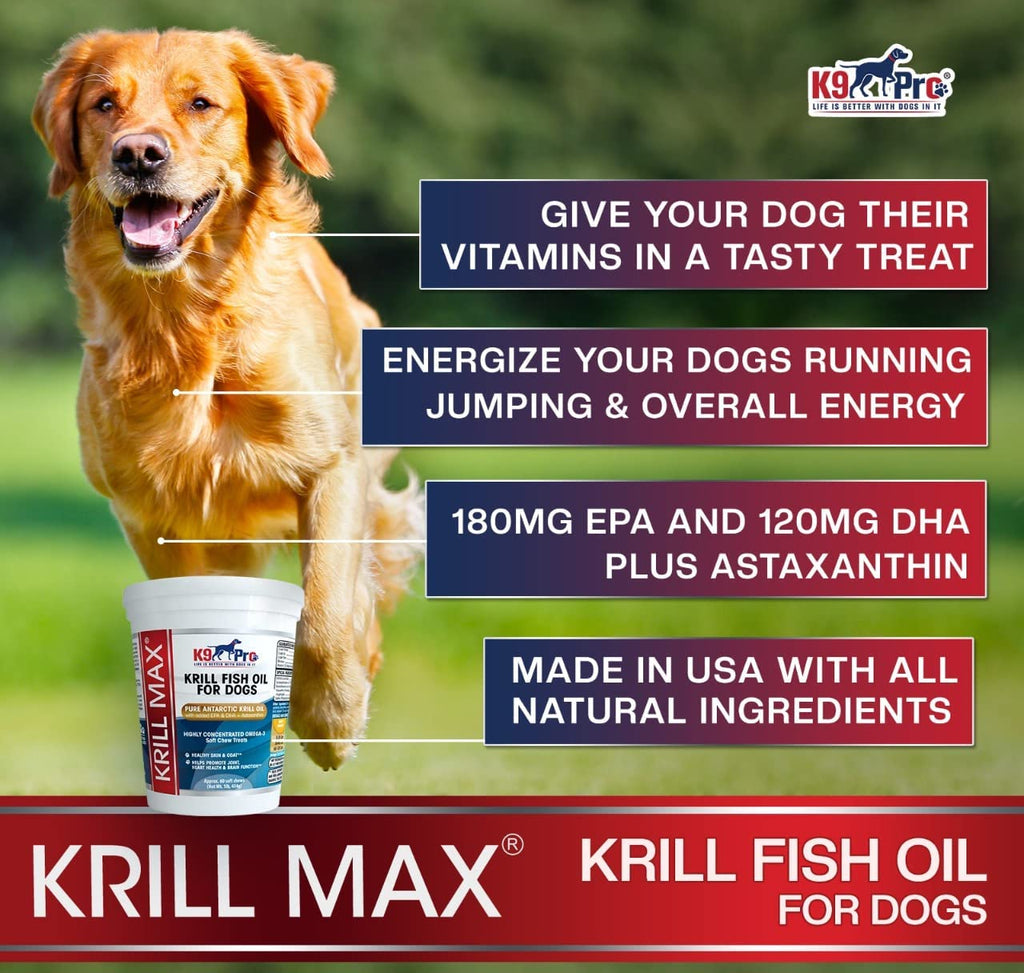 Krill MAX Fish Oil For Dogs - 60 Soft & Moist Tasty Treats W EPA and DHA Plus Astaxanthin - k9pro-store
